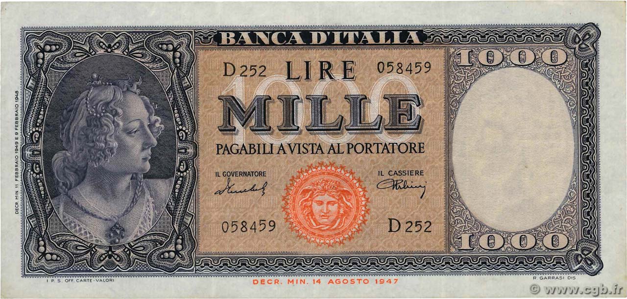 1000 Lire ITALIEN  1949 P.088b SS