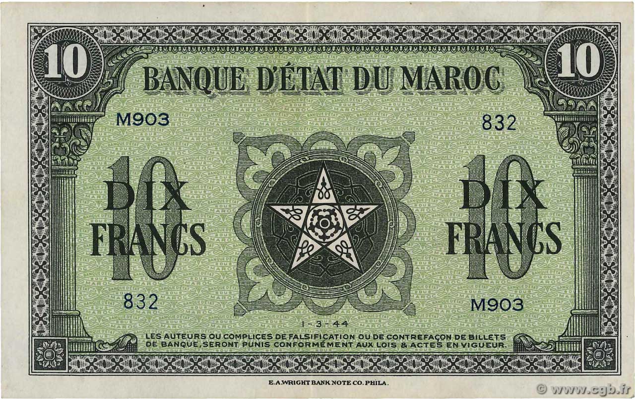 10 Francs MAROKKO  1944 P.25 VZ+
