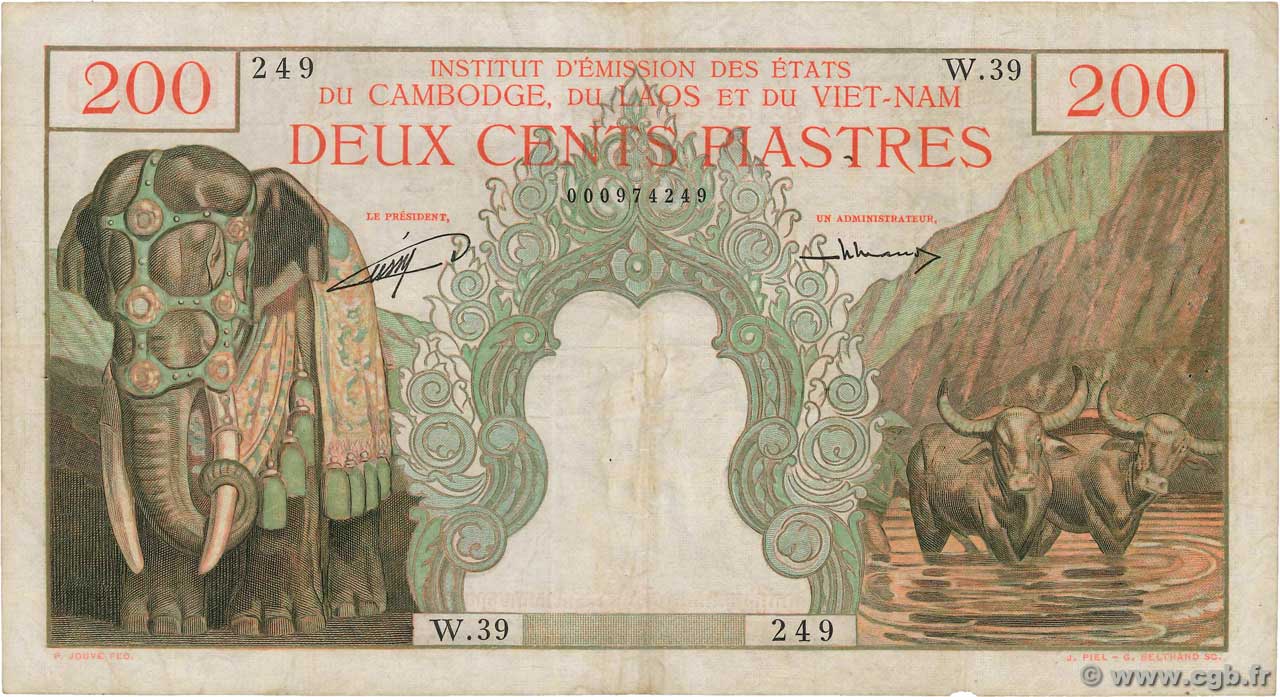 200 Piastres - 200 Riels FRENCH INDOCHINA  1953 P.098 F+