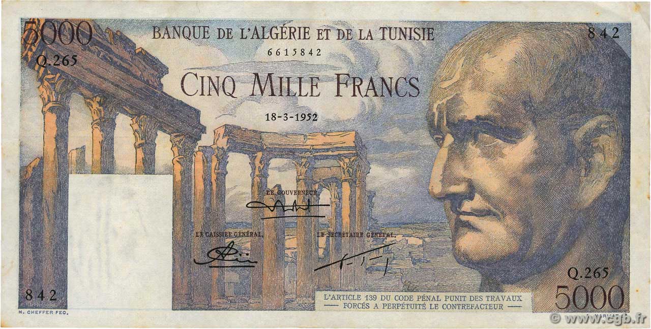 5000 Francs TúNEZ  1952 P.30 MBC