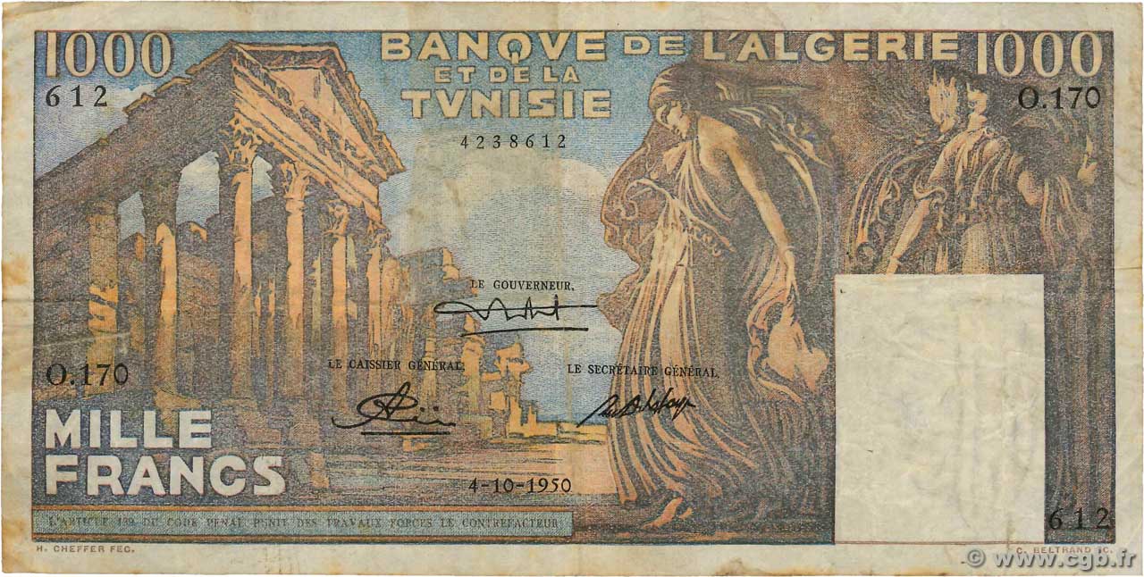 1000 Francs TúNEZ  1950 P.29a RC+