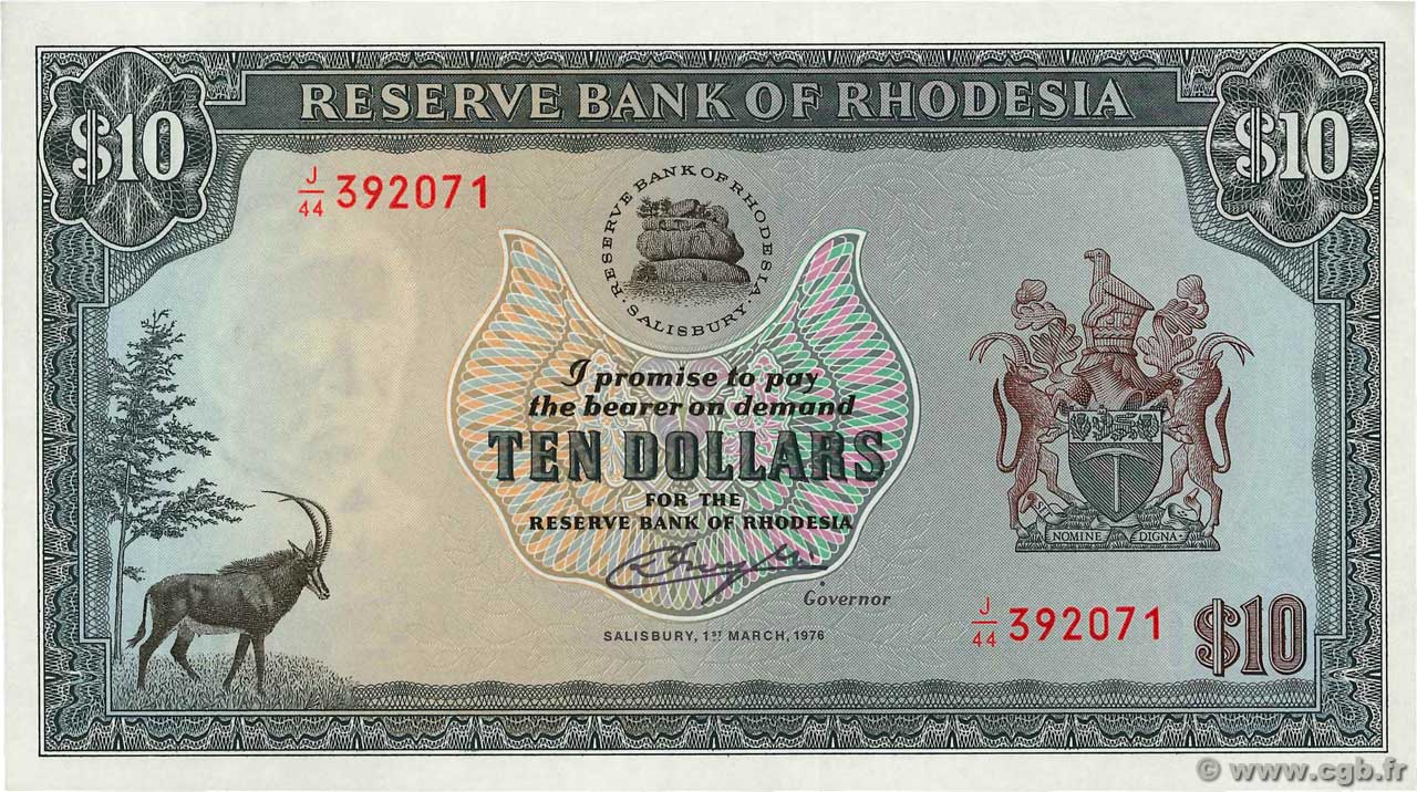 10 Dollars RHODESIA  1976 P.33b UNC-