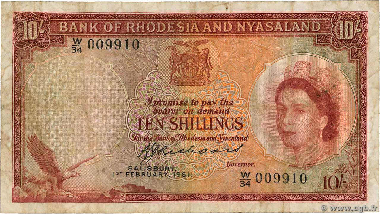 10 Shillings RHODÉSIE ET NYASSALAND  1961 P.20b pr.TB