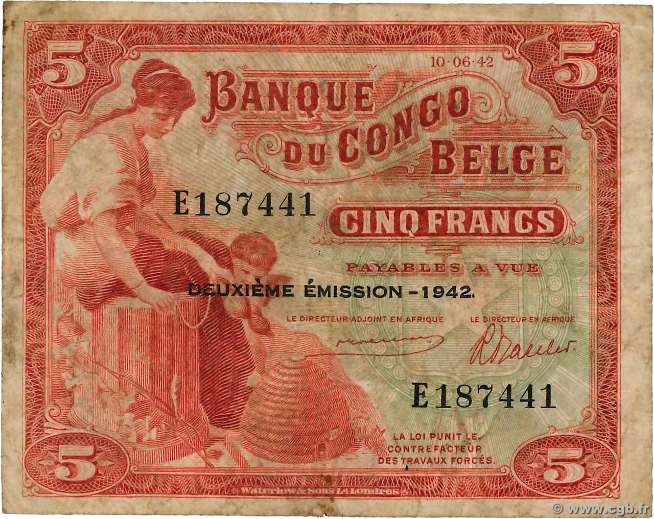 5 Francs BELGA CONGO  1942 P.13 RC+