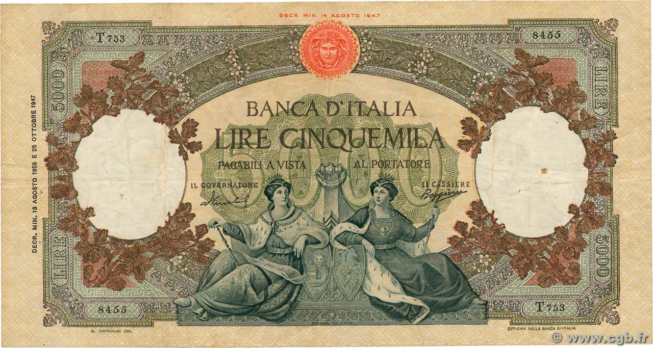 5000 Lire ITALIA  1956 P.085c MB