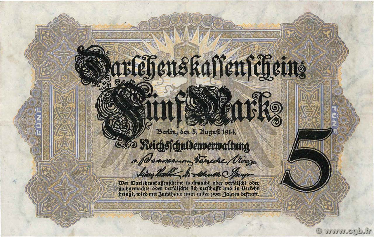 5 Mark GERMANY  1914 P.047b XF