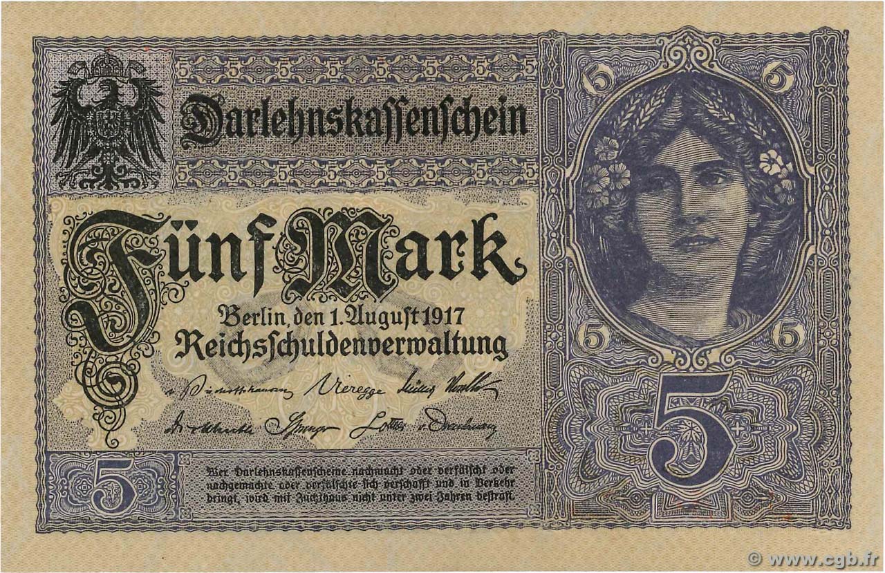5 Mark GERMANY  1917 P.056b UNC