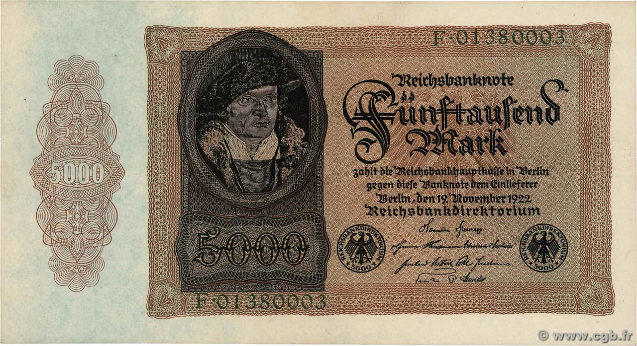 5000 Mark GERMANY  1922 P.078 AU