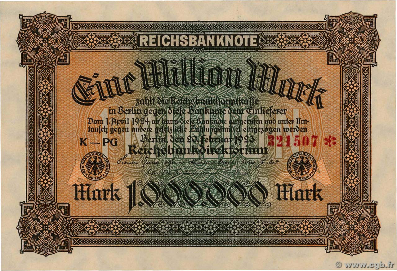 GERMANY REICHSBANKNOTE 20 MILLION MARK 1923 