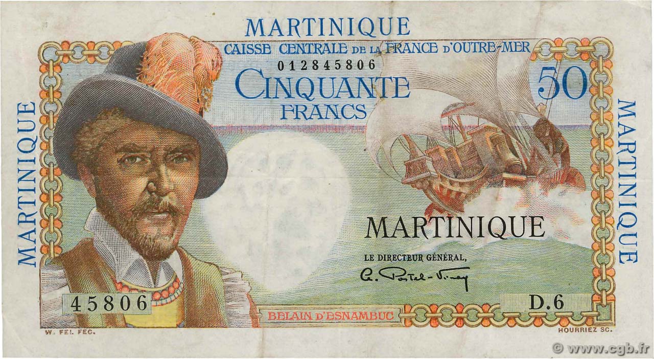 50 Francs Belain d Esnambuc MARTINIQUE  1946 P.30a BC+