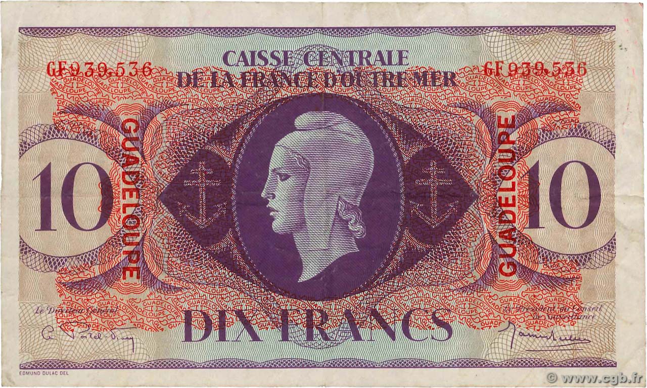 10 Francs GUADELOUPE  1944 P.27a VF-