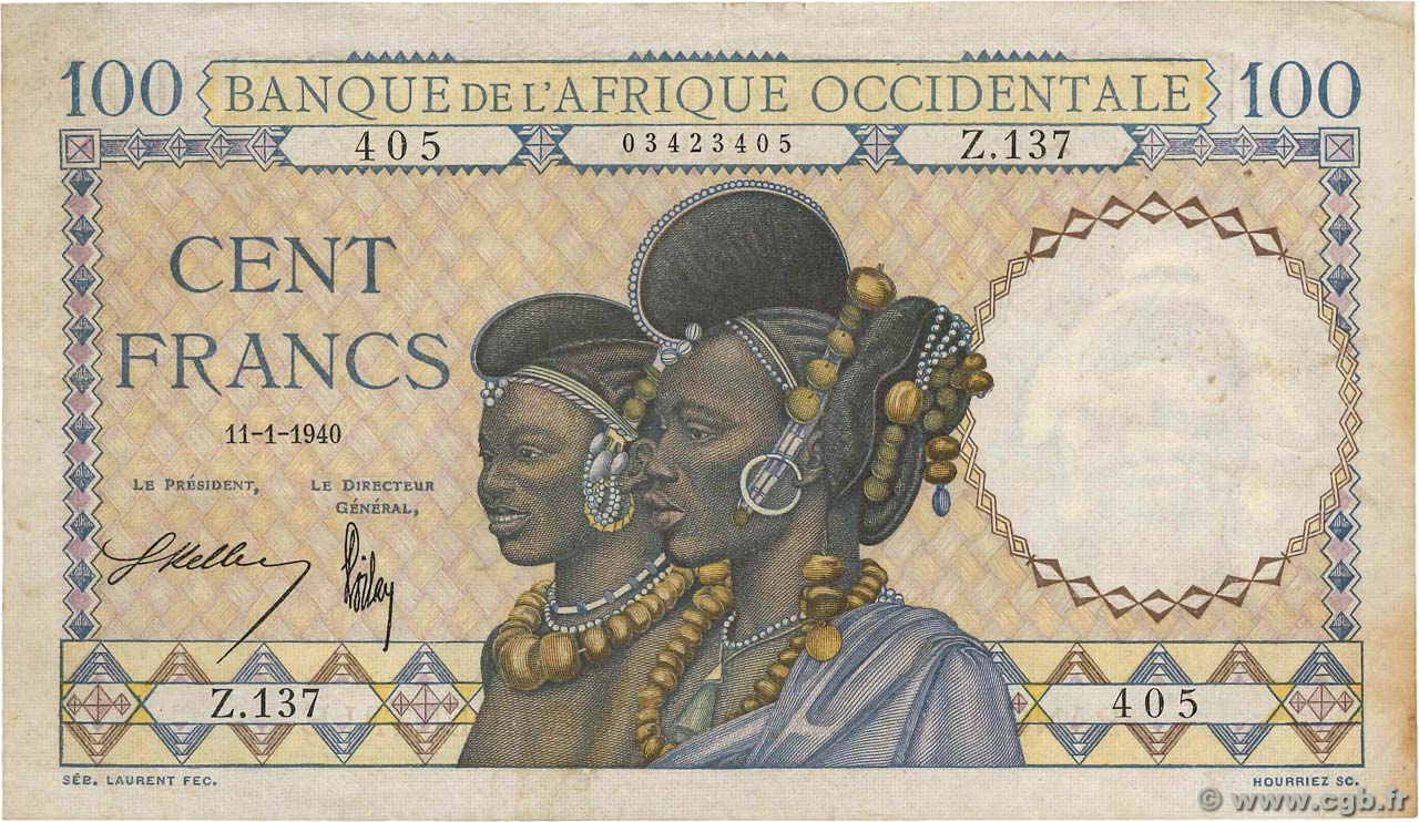 100 Francs FRENCH WEST AFRICA  1940 P.23 BC