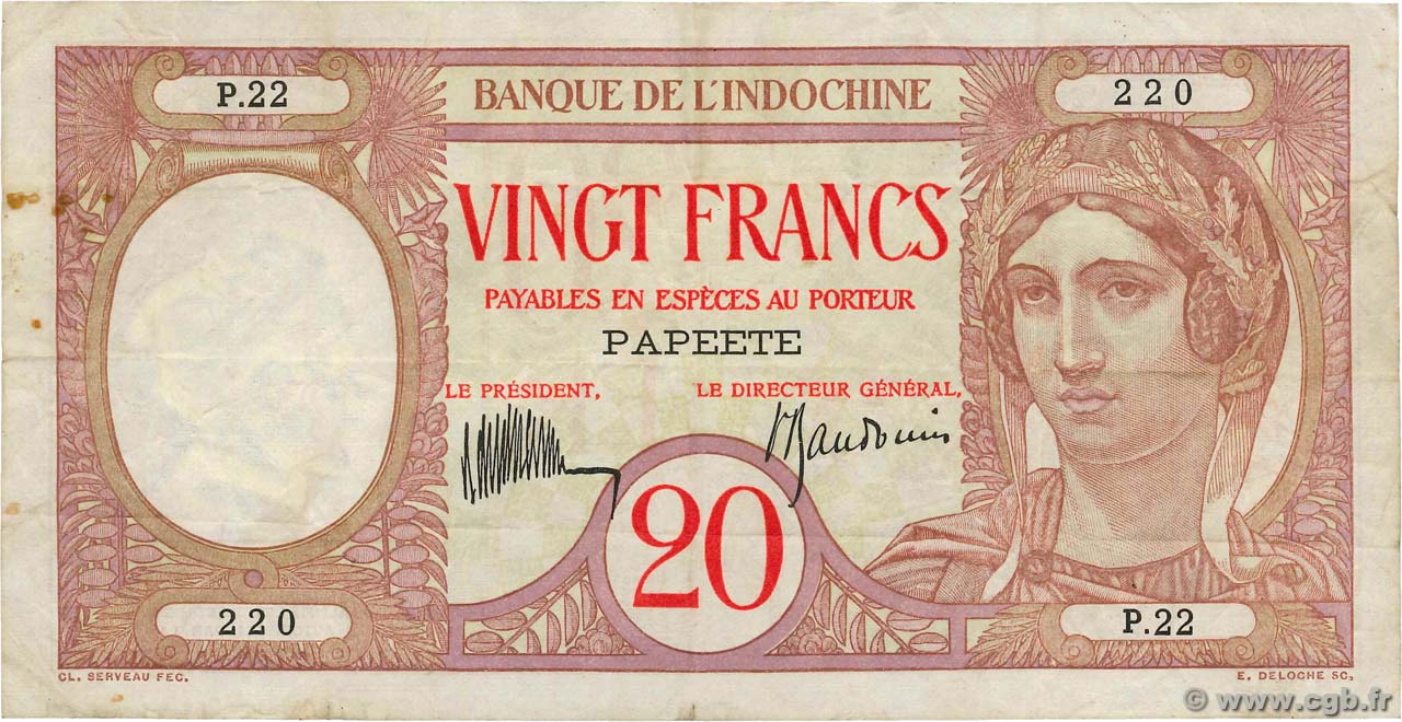 20 Francs TAHITI  1928 P.12b BC+