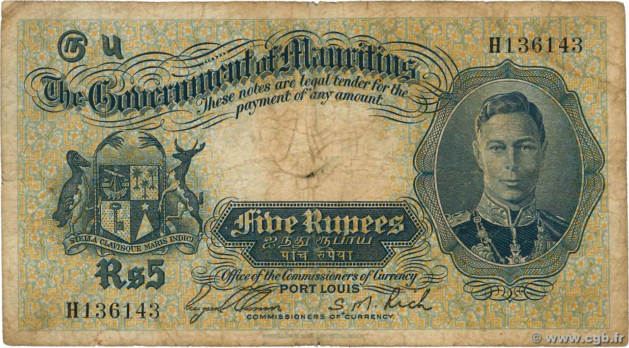 5 Rupees MAURITIUS  1937 P.22 fS