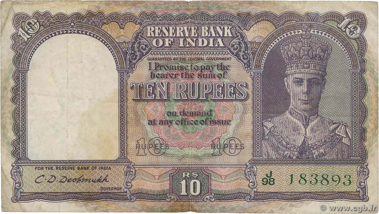 10 Rupees INDIEN
  1943 P.024 fS