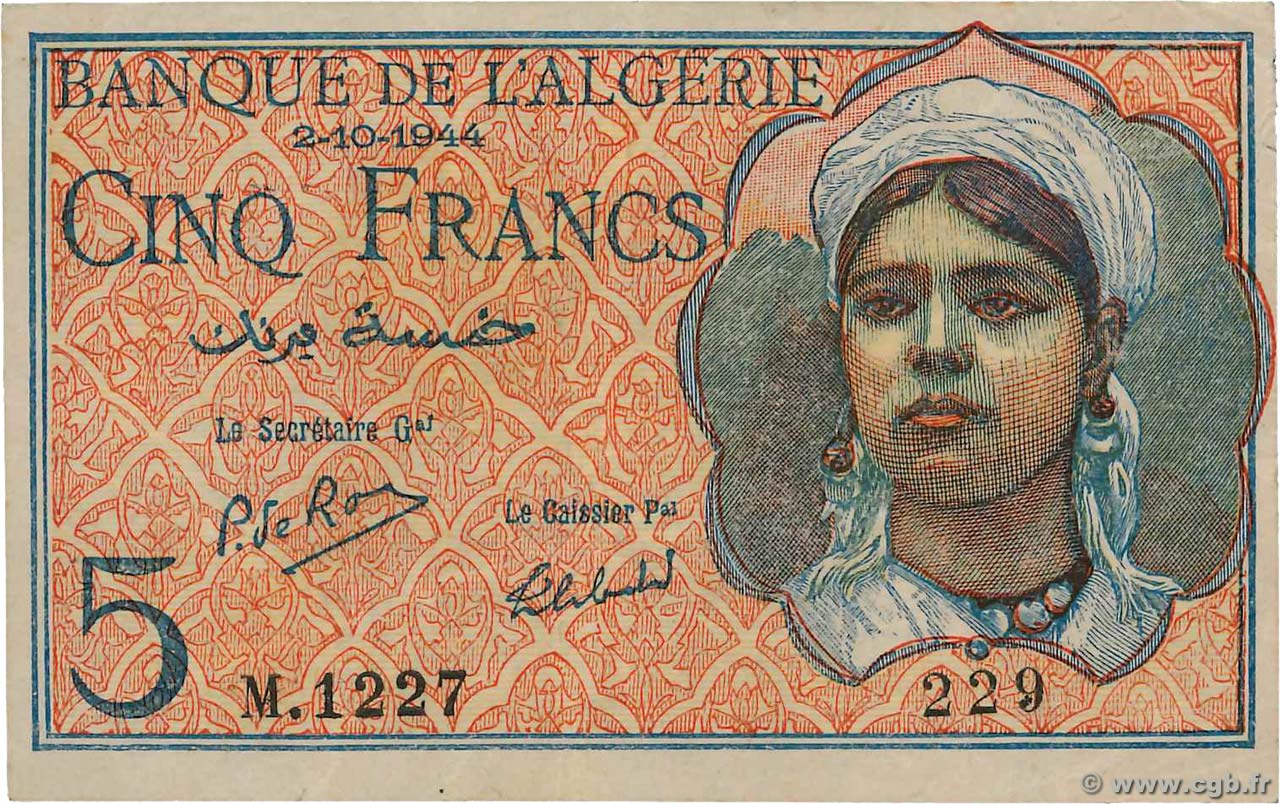 5 Francs ALGERIA  1944 P.094b VF