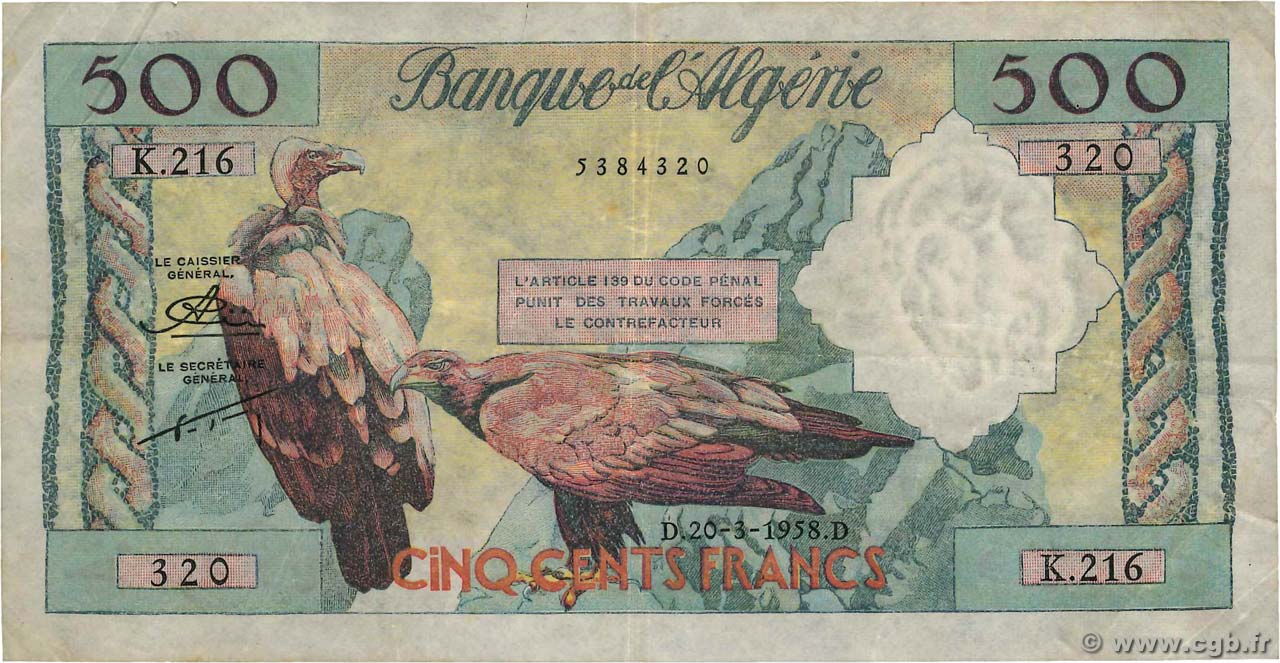 500 Francs ALGÉRIE  1958 P.117 TB