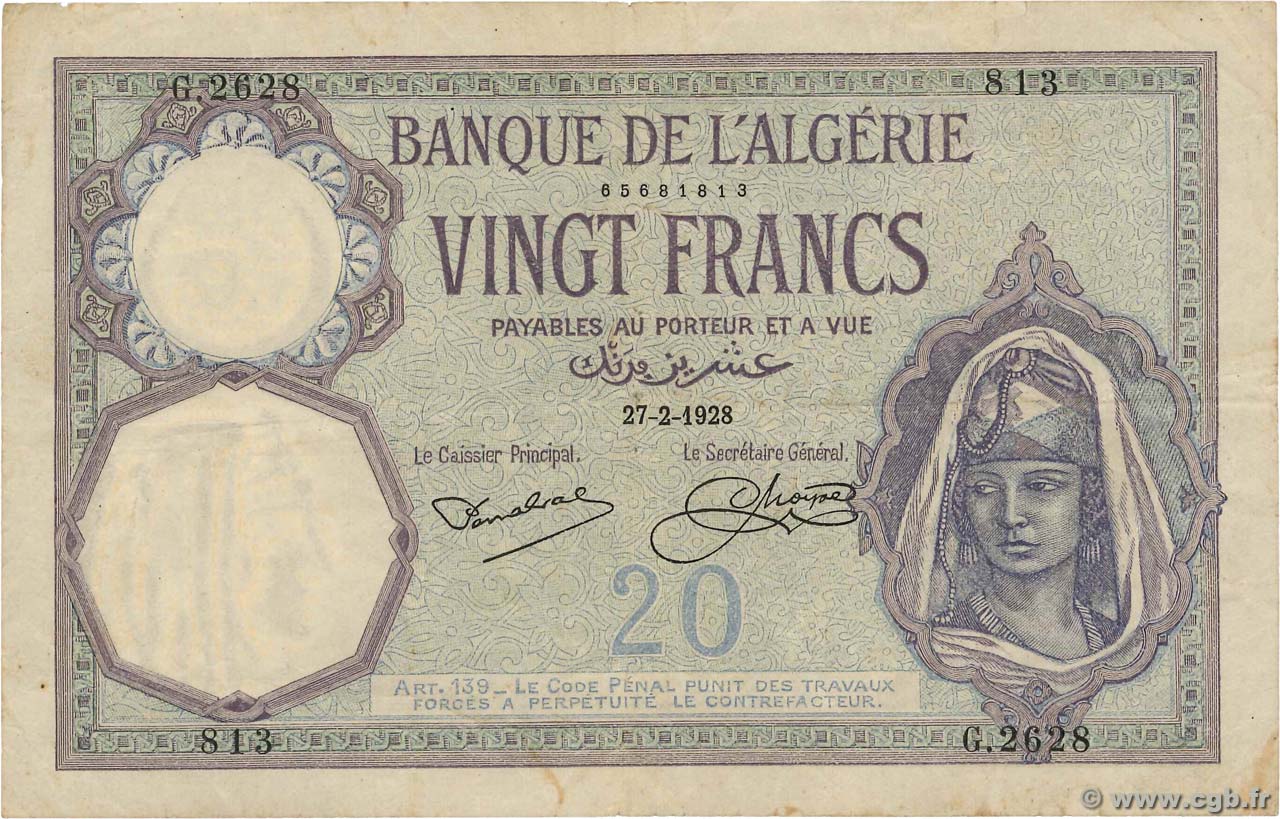 20 Francs ALGERIA  1928 P.078b F