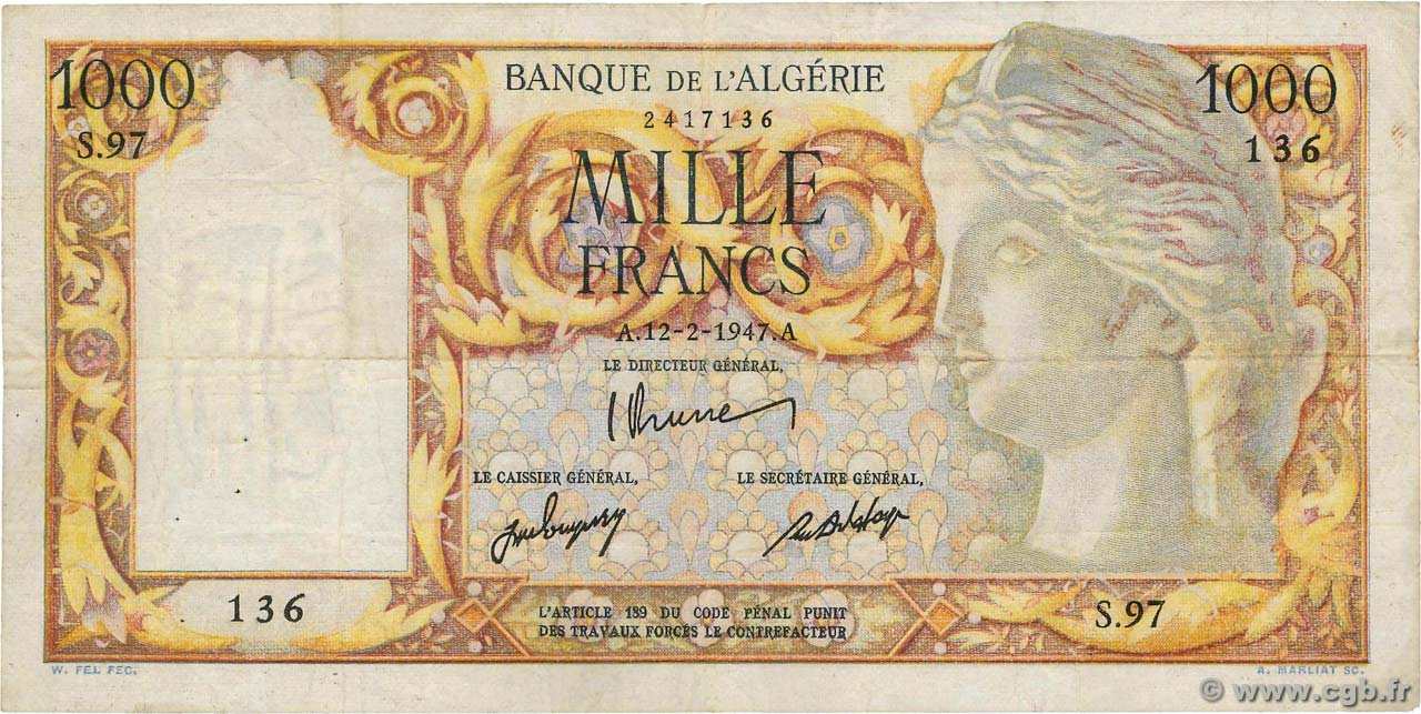 1000 Francs ALGÉRIE  1947 P.104 TB