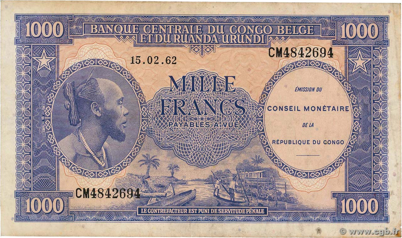 1000 Francs CONGO, DEMOCRATIQUE REPUBLIC  1962 P.002a F+
