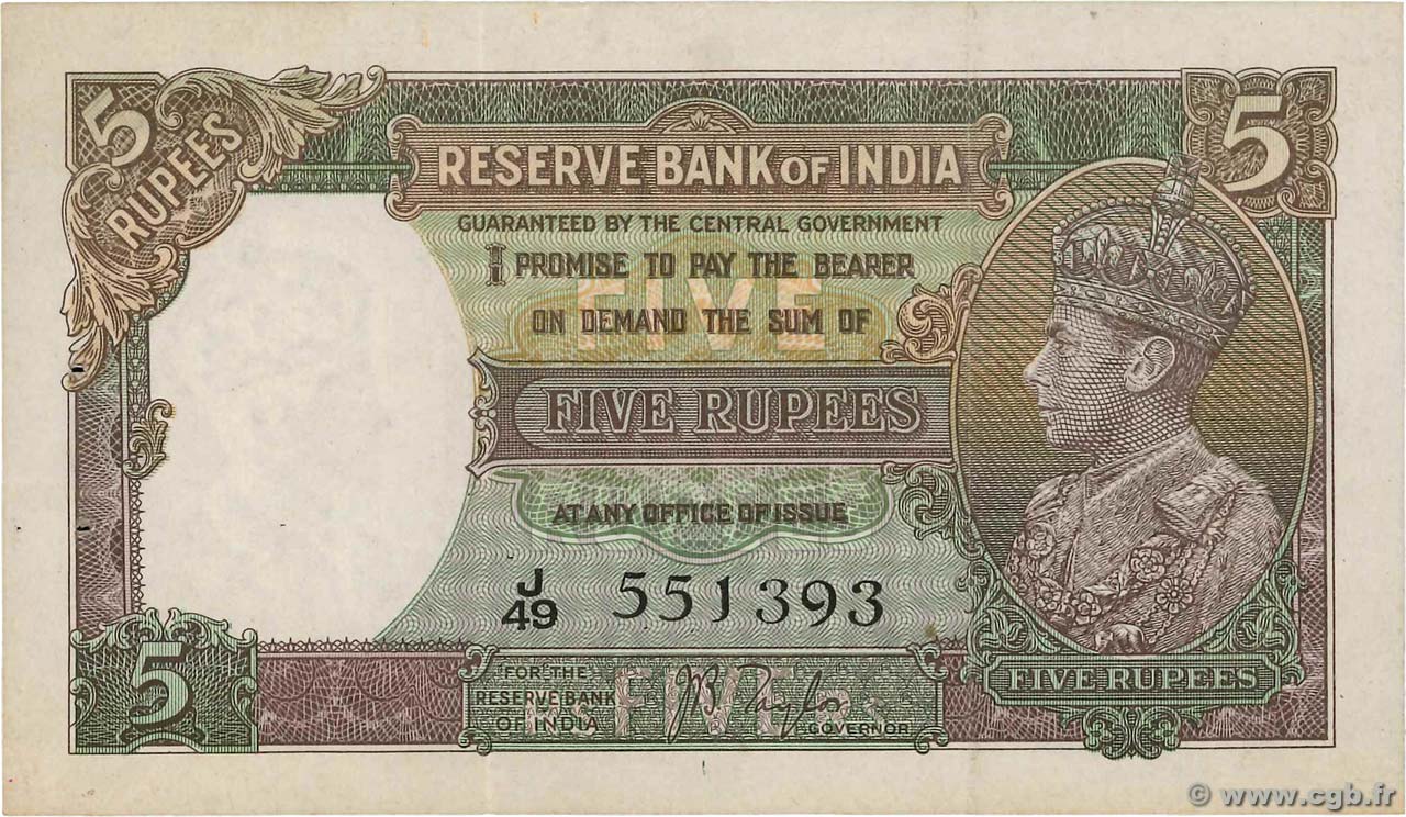 5 Rupees INDIA  1937 P.018a VF+