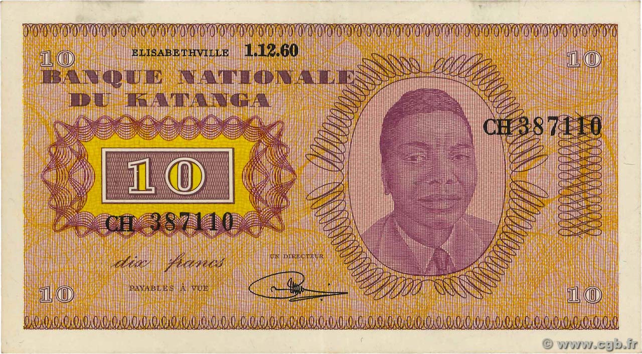 10 Francs KATANGA  1960 P.05a TTB+