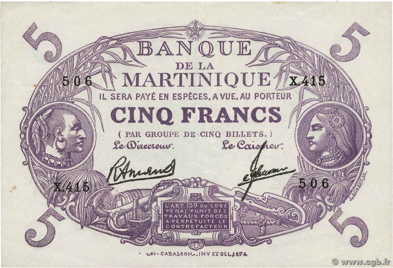 5 Francs Cabasson violet MARTINIQUE  1946 P.06 TTB+