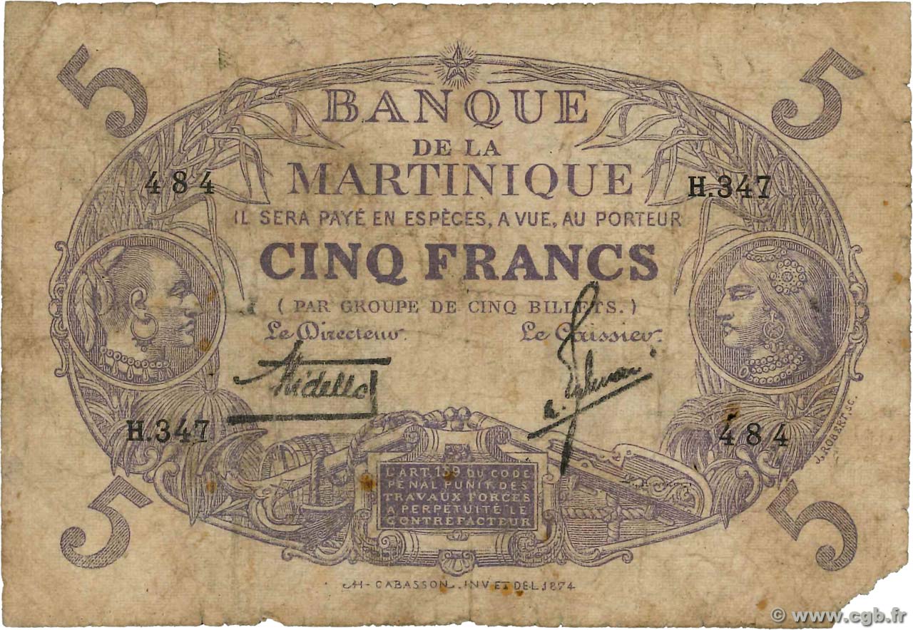 5 Francs Cabasson violet MARTINIQUE  1934 P.06 MC