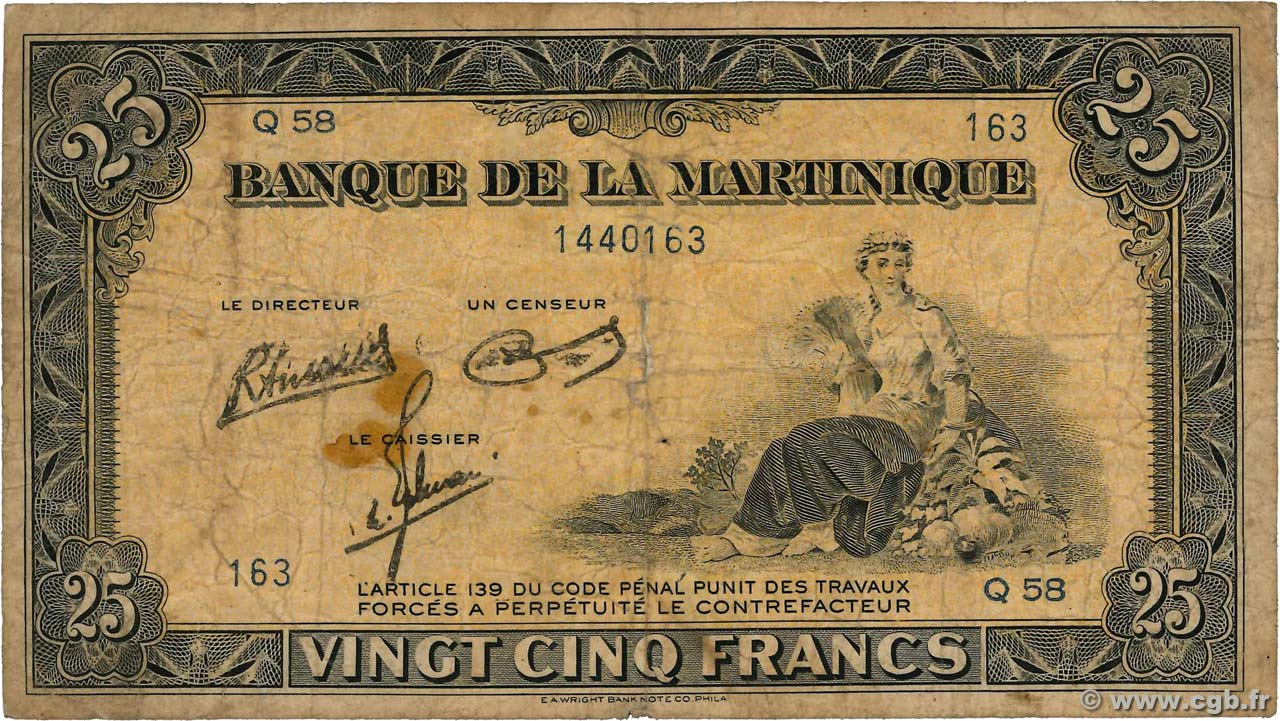 25 Francs MARTINIQUE  1945 P.17 SGE