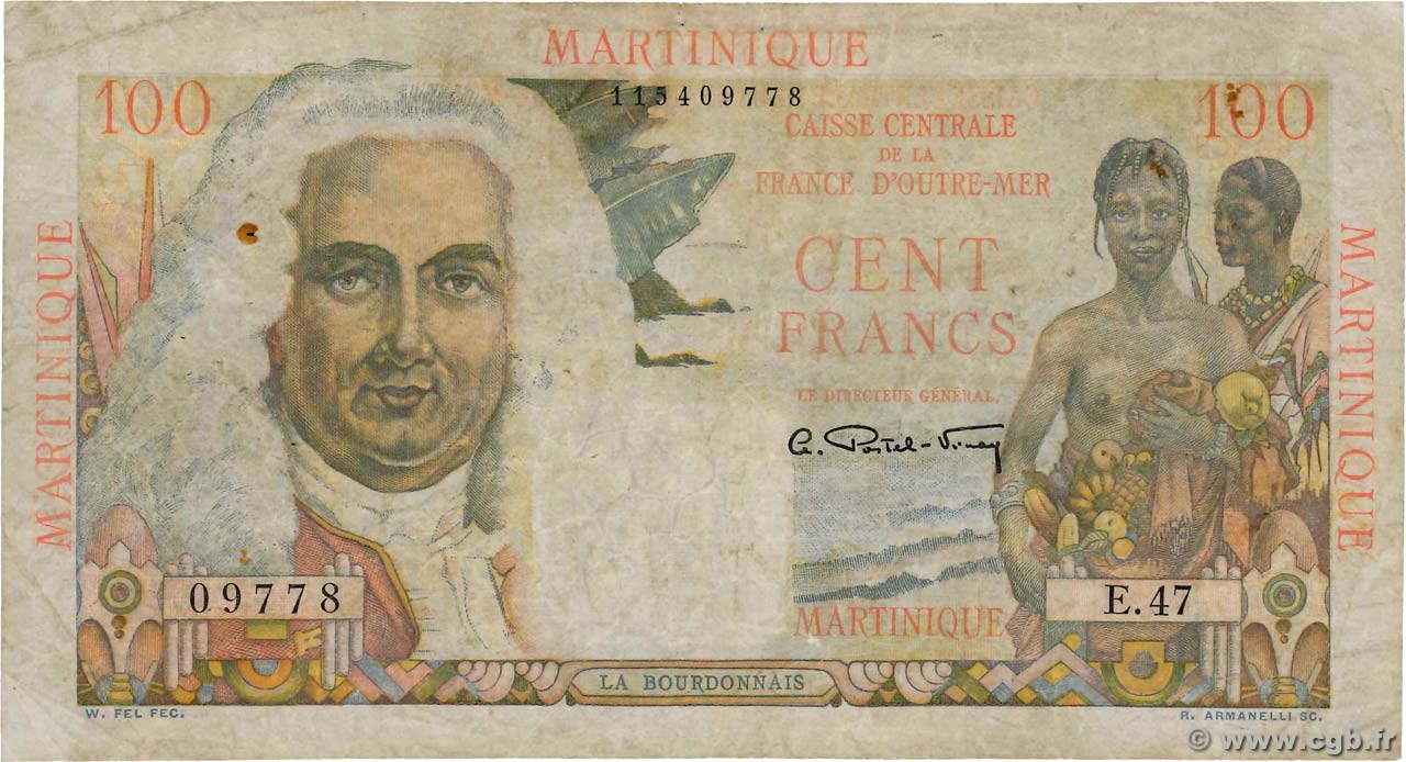 100 Francs La Bourdonnais MARTINIQUE  1946 P.31a BC