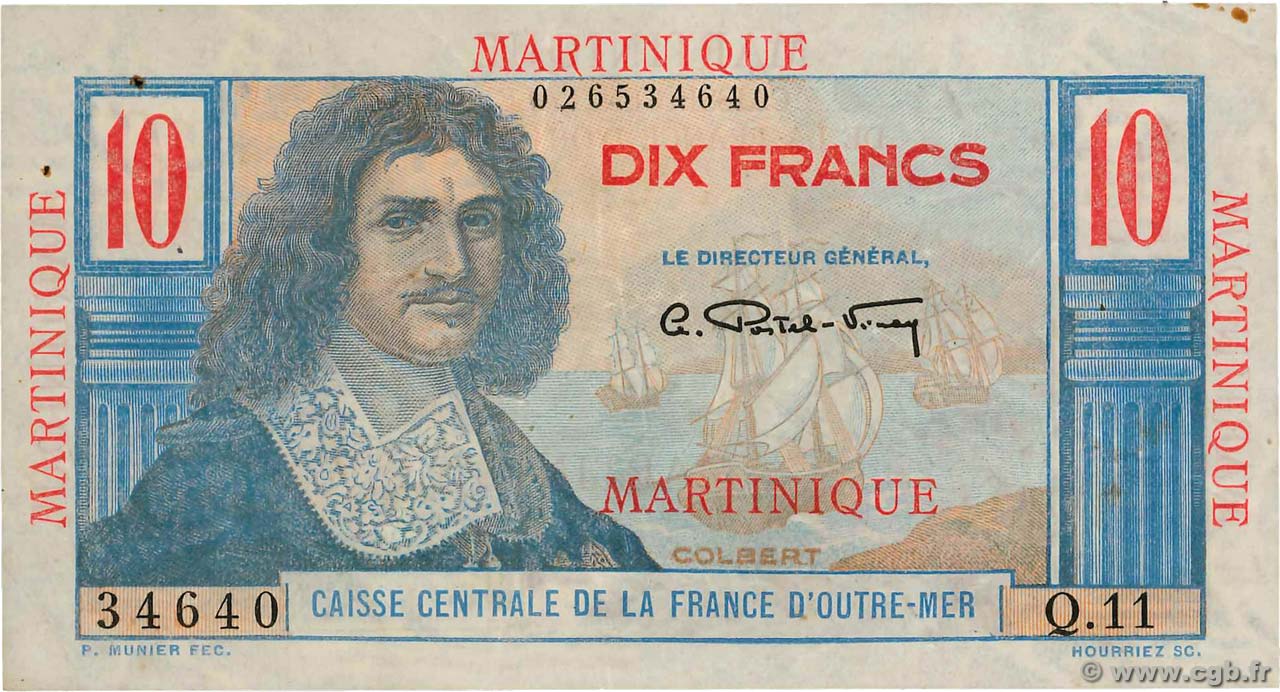 10 Francs Colbert MARTINIQUE  1946 P.28 VF