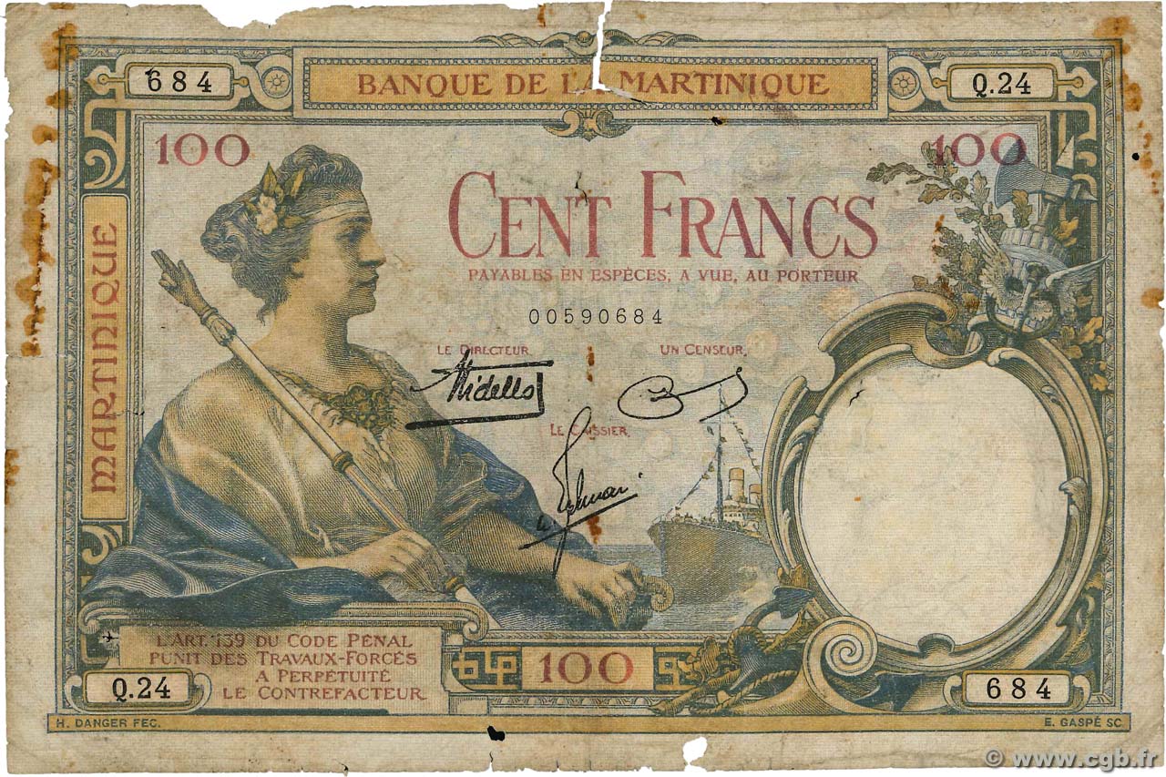 100 Francs MARTINIQUE  1938 P.13 q.B