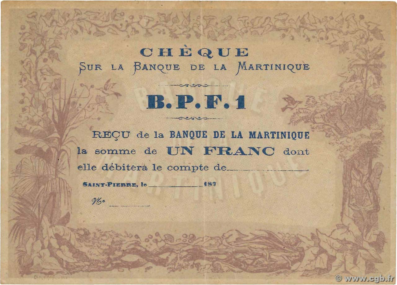 1 Franc Non émis MARTINIQUE  1870 P.05A TTB