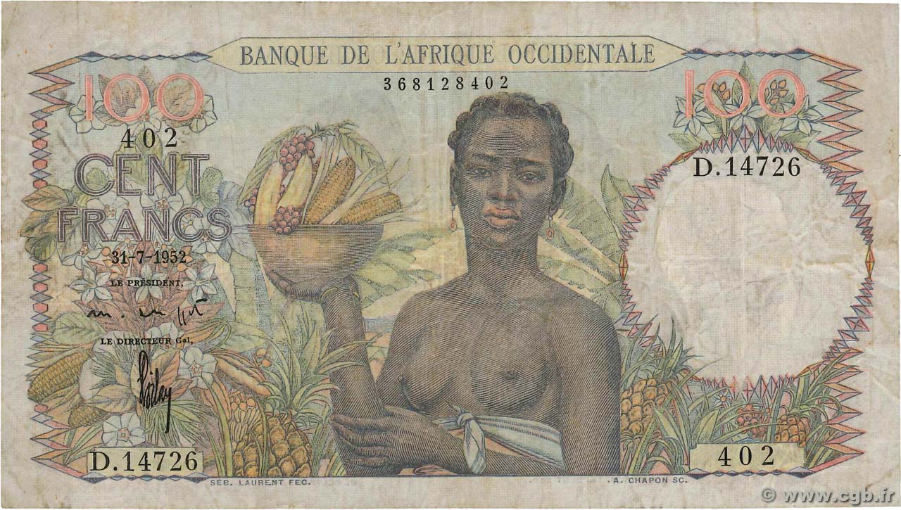 100 Francs FRENCH WEST AFRICA  1952 P.40 BC+