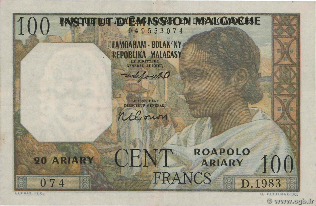 100 Francs - 20 Ariary MADAGASCAR  1961 P.052 VF+