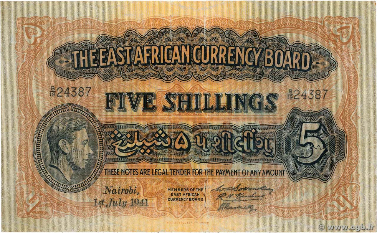 5 Shillings AFRICA DI L EST BRITANNICA   1941 P.28a BB
