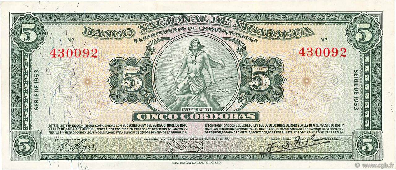 5 Cordobas NICARAGUA  1953 P.100a SPL