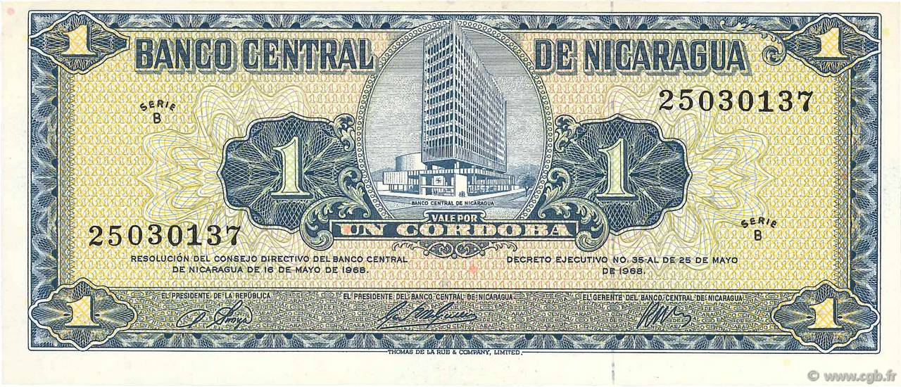 1 Cordoba NICARAGUA  1968 P.115a SC+