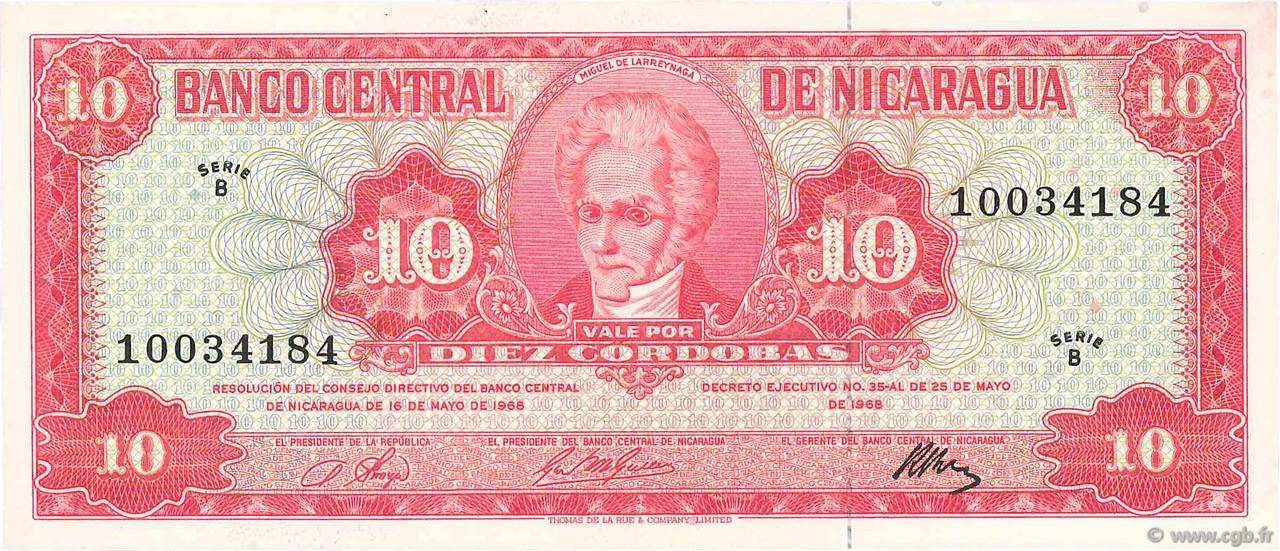 10 Cordobas NICARAGUA  1968 P.117a AU