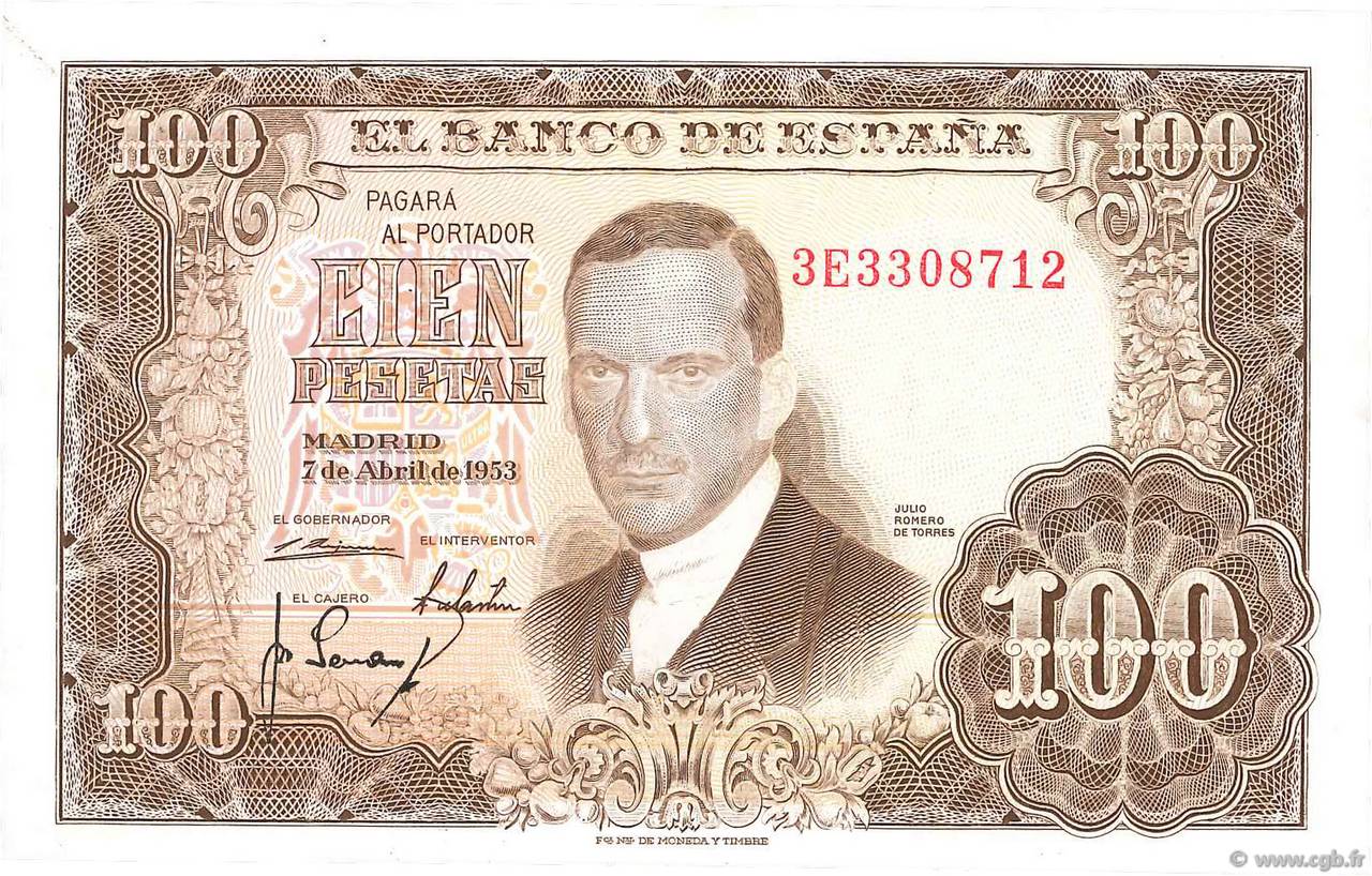 100 Pesetas ESPAGNE  1953 P.145 SPL