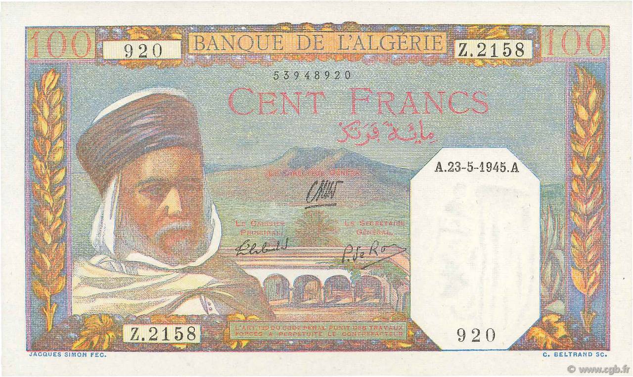 100 Francs ALGERIA  1940 P.085 q.FDC
