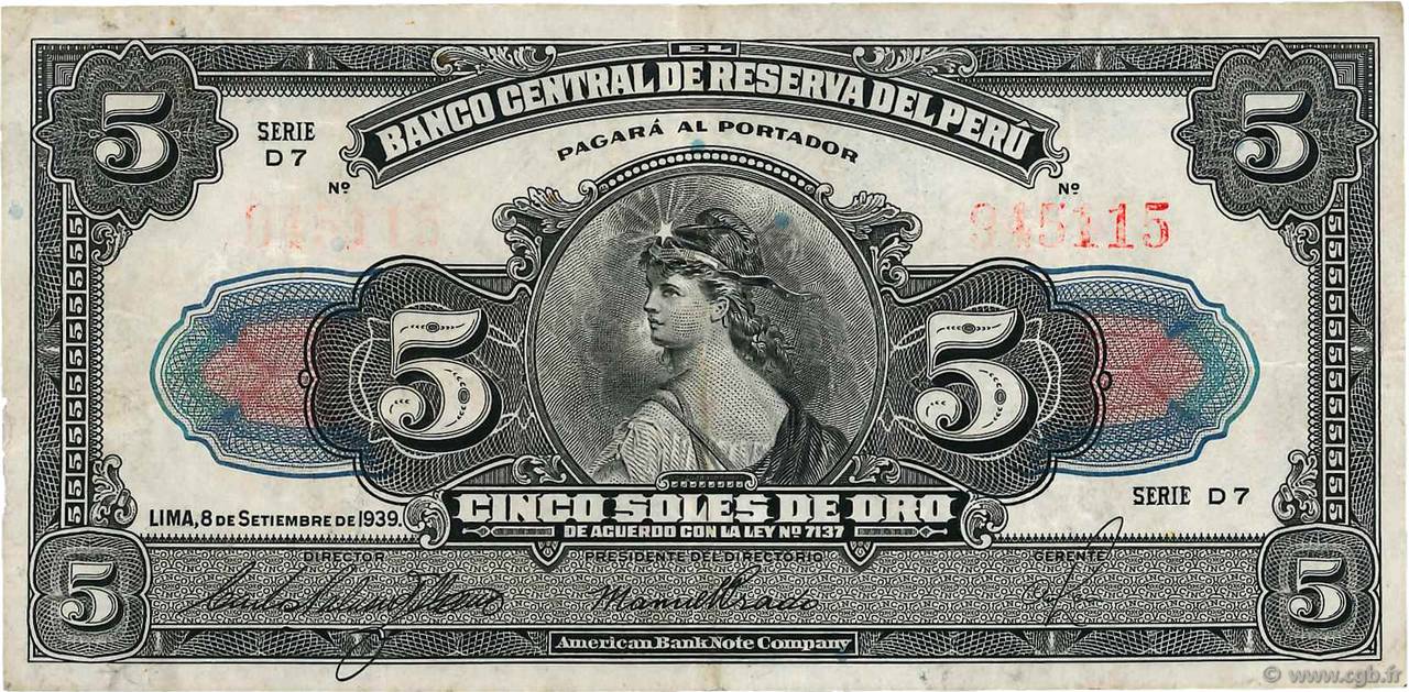 5 Soles PERU  1939 P.066a BB