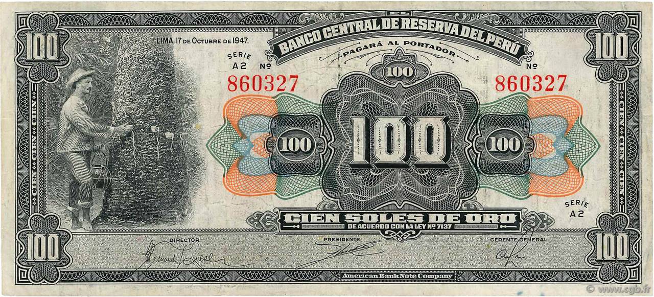 100 Soles PERU  1947 P.069Aa VF