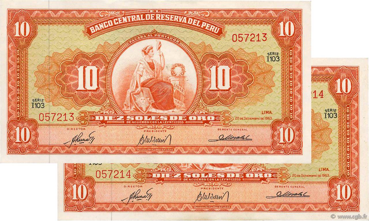 10 Soles Consécutifs PERú  1963 P.084a EBC+
