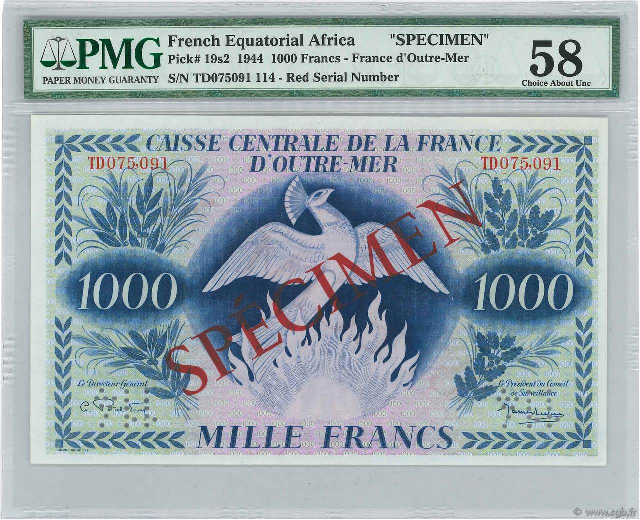 1000 Francs Phénix Spécimen AFRIQUE ÉQUATORIALE FRANÇAISE  1944 P.19s2 AU