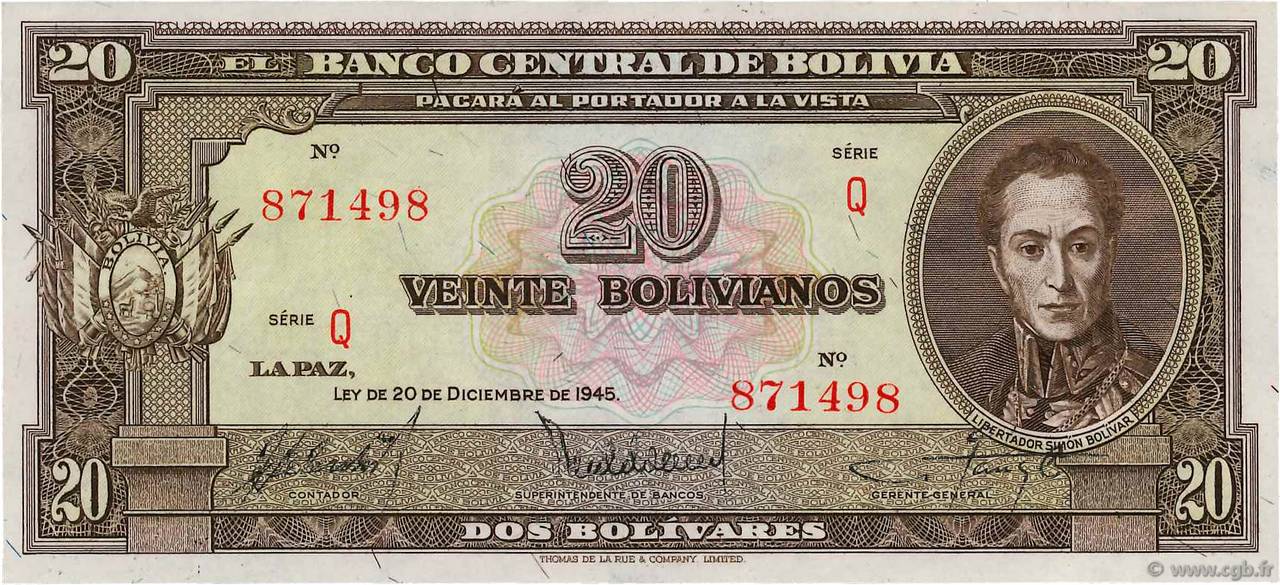 20 Bolivianos BOLIVIA  1945 P.140a UNC
