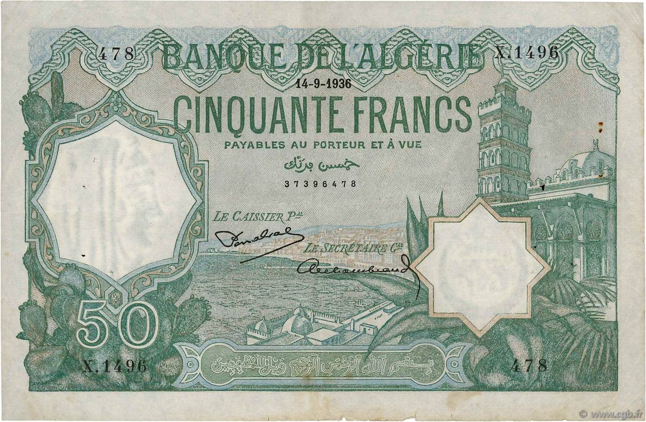 50 Francs ALGERIA  1936 P.080a VF