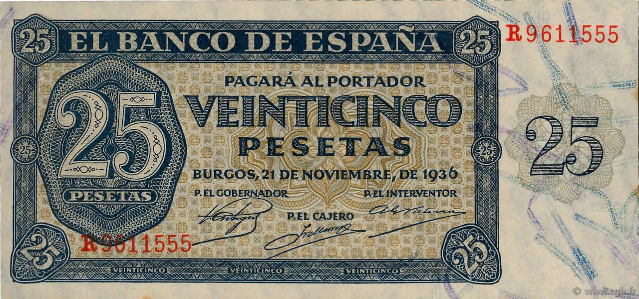 25 Pesetas SPANIEN  1936 P.099a fST+