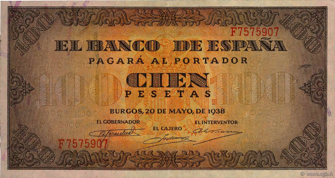 100 Pesetas SPAIN  1938 P.113a VF+
