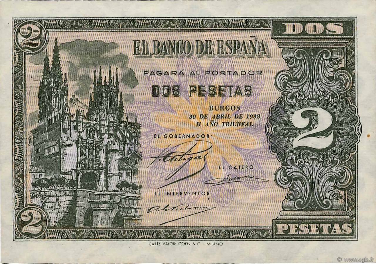 2 Pesetas SPAIN  1938 P.109a UNC-